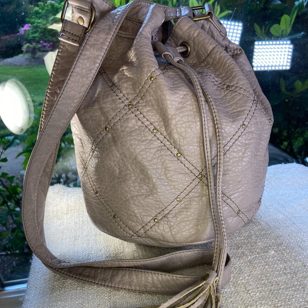 O'Neill grey vegan buttery soft leather bucket draw-string studded crossbody bag